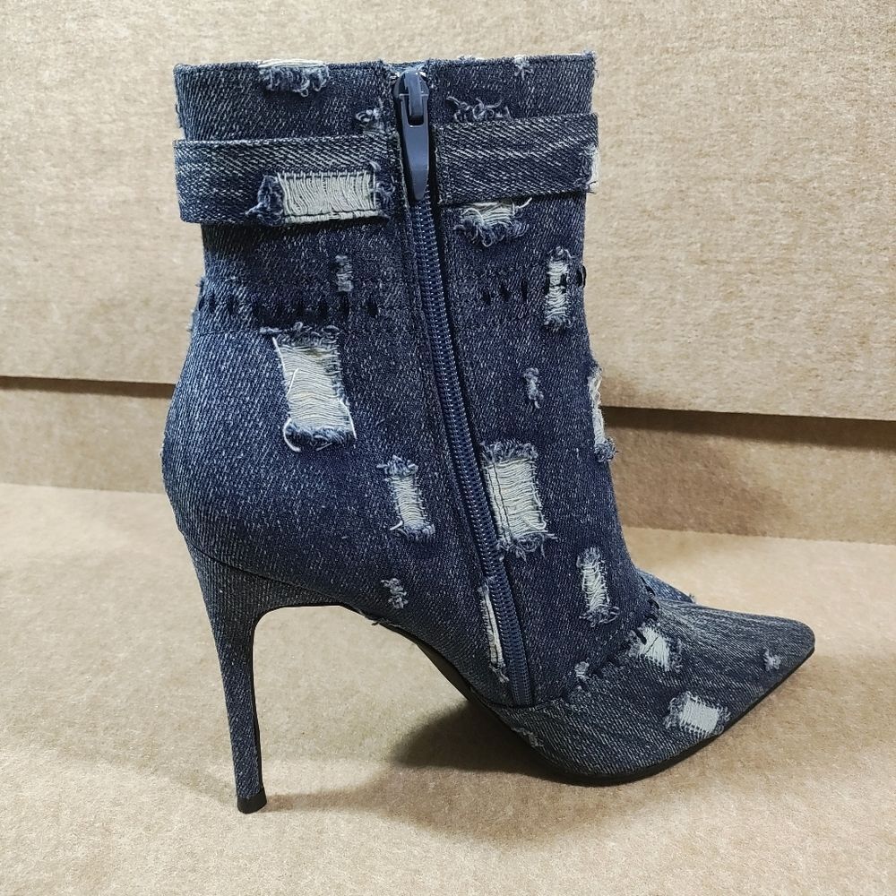 Mata Denim Rhinestone Buckle Ankle Heel Boots -C - Picture 3 of 6
